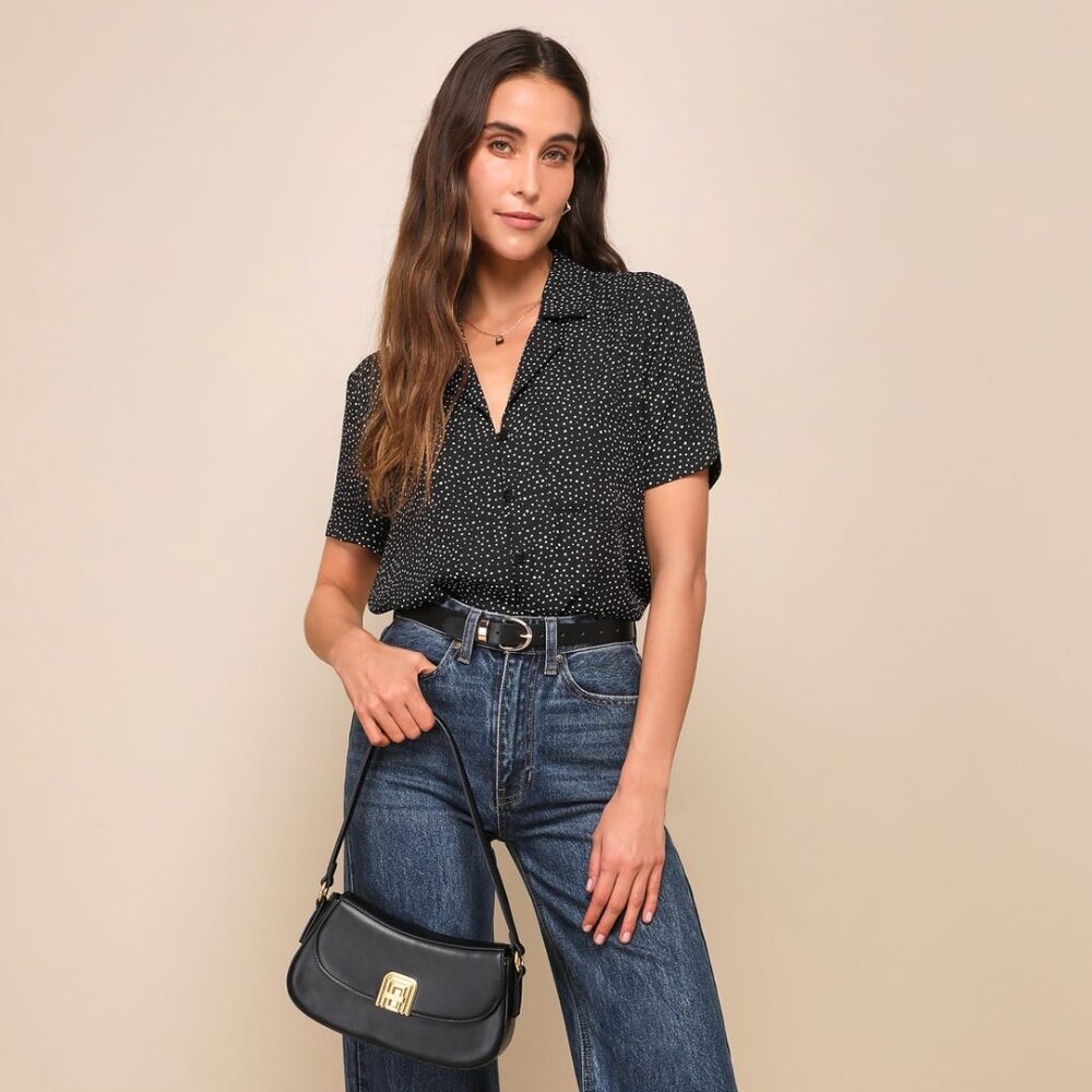 Lulus Good Luck Charm Black Polka Dot Short Sleeve Button-Up Top
